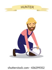 Cartoon hunter with trap. Funny cartoon character. Hunter with trap. Vector illustration in modern flat style. Isolated on white background