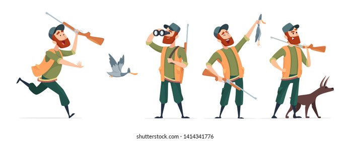 Cartoon hunters. Vector hunter with dog, guns, binoculars, duck isolated on white background. Hunter run to duck, cartoon bird and shotgun illustration