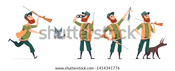 Cartoon hunters. Vector hunter with dog,\
guns, binoculars, duck isolated on white background. Hunter run to\
duck, cartoon bird and shotgun\
illustration