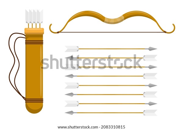 cartoon Hunting bow with arrows and\
quiver for storage. Archery or hunter tool. Medieval weapon item of\
ancient warrior. Isolated vector on white\
background
