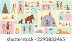Cartoon hunting homosapiens, man and woman in tribal clothes, primitive neanderthal tribe in geometric collage background. Ancient prehistoric people, animals and tools set vector illustration