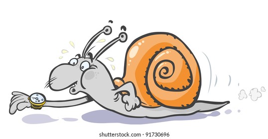 Cartoon  hurry  Snail looking his watch.