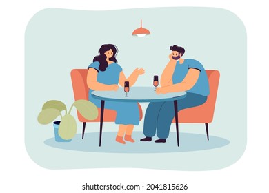Cartoon husband ignoring wife while sitting at table drinking. Distant aloof lover showing indifference to woman flat vector illustration. Family, cool relationship, communication concept for banner