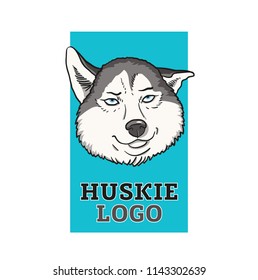 Cartoon huskie dog on blue background logo. - Vector