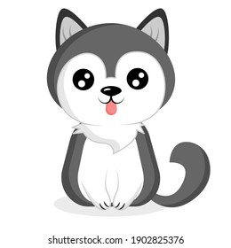 Cartoon husky breed dog is sitting. Vector illustration isolated on white background.  

