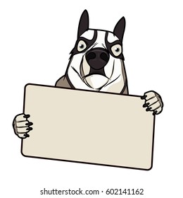 A cartoon husky dog holding a sign in his paws