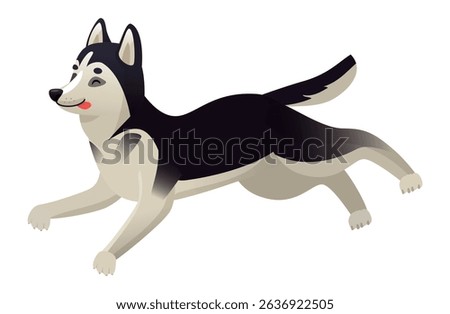 Cartoon husky dog running joyfully with tongue out, isolated against a white background, embodying playfulness, happiness, and vibrant canine energy