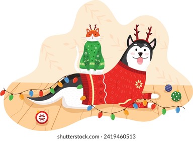 Cartoon husky and fox celebrating Christmas, wearing festive sweaters and antlers. Cheerful animals with holiday decorations and lights on wooden floor.