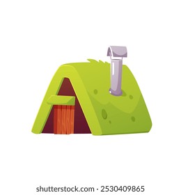 Cartoon hut from fairy village. Vector illustration of cute small fairy tale house with door and corner roof covered with green grass. Rural dwarf dwelling with chimney isolated on white. Game props