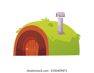 Cartoon hut from fairy village. Vector illustration of cute small fairy tale house with door and rounded roof covered with grass. Rural dwarf wooden dwelling with chimney isolated on white. Game props