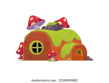 Cartoon hut with fly agaric mushrooms from fairy village. Vector cute small fairy tale house with door, window and rounded roof covered with grass, stones. Rural dwarf dwelling isolated. Game props