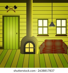 Cartoon hut interior with old living room. Ancient house inside view with wooden furniture, window, door. Rural traditional living room with chimney, sofa