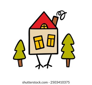 Cartoon hut on chicken legs from a Russian folk tale.  Vector illustration of fabulous real estate, the house of Baba Yaga, a fantastic character, an evil witch.  Fir tree in the forest.