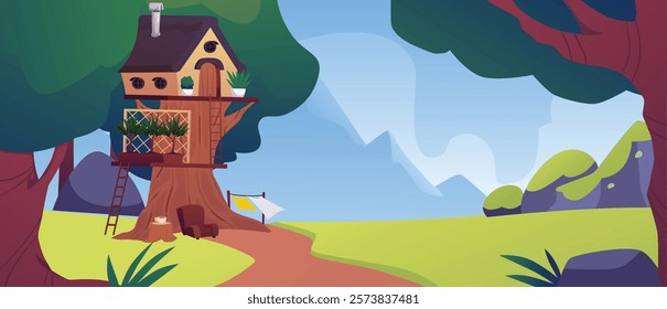 Cartoon hut with stairs on tree trunk nature landscape. Vector flat illustration of cute fairy tale village house with ladder and potted plants. Rural wooden dwelling with road in forest