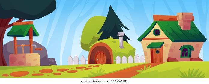 Cabanas de desenhos animados e Drawwell em aldeia de fadas. Belas casas anãs. Moradias rurais, árvores, cerca, caminho na floresta. Fazenda de jogos, fundo da natureza de verão. Ilustração em plano vetorial