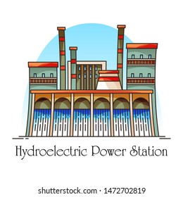 Cartoon hydroelectric station with waterfall or hydro power plant on river. Electric generator for renewable or green energy. Factory for eco electricity. Building or powerhouse for eletric energy.