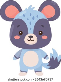 A cartoon hyena with blue fur, pink cheeks, and a cute expression stands upright. It has large ears and a fluffy tail.