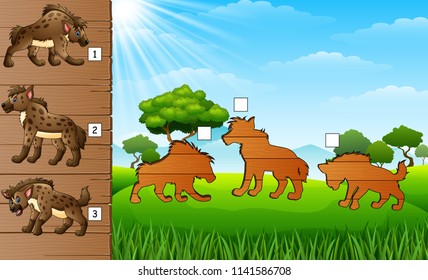 Cartoon hyena collection set. Find the correct shadow on board. Educational game for children