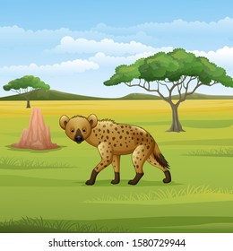 Cartoon hyena in the savannah