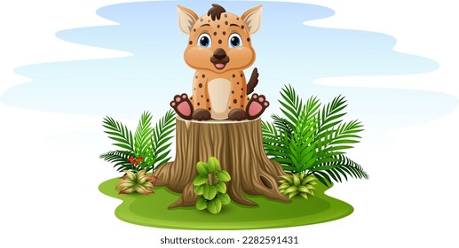 Cartoon hyena sitting on tree stump