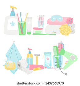 Cartoon hygiene elements and accessories vector set. Hygiene elements, toothpaste and toothbrush, towel and sponge illustration