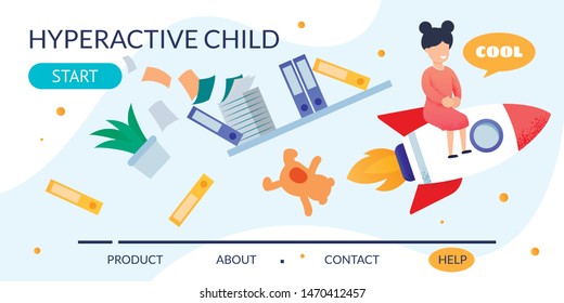 Cartoon Hyperactive Child On Rocket With Things In Mess. Metaphor Flat Design Landing Page. Naughty Girl Has Fun. Help For Parents In Kids With ADHD Diagnosis Personal Development. Vector Illustration