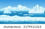 Cartoon ice arctic nature winter landscape with iceberg, snow mountains hills and penguins vector illustration