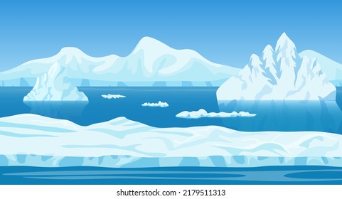 Cartoon ice arctic nature winter landscape and iceberg  snow mountains hills   penguins vector illustration