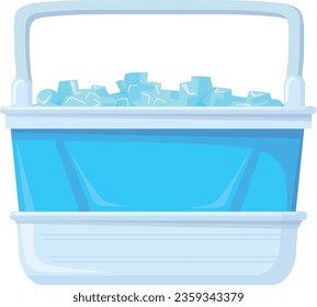 Cartoon ice container icon. Cooling plastic box isolated on white background