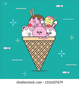 cartoon ice cream and animal sweet food with character cute vector design