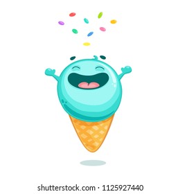 Cartoon ice cream ball character in waffle cone. Cute vector illustration isolated on white background.