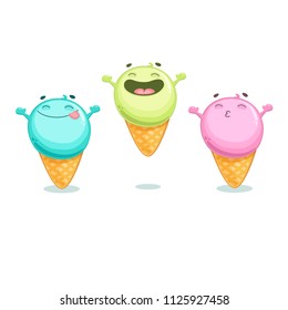 Cartoon ice cream ball characters in waffle cones. Cute vector illustration isolated on white background.