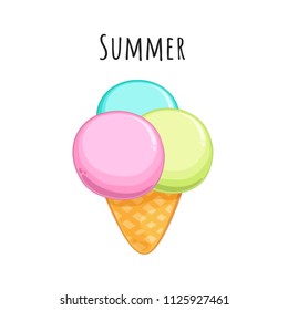 Cartoon ice cream balls in waffle cone. Cute vector illustration isolated on white background.