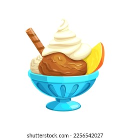 Cartoon ice cream in bowl with waffle stick and citrus fruit slice. Isolated vector sweet cream and chocolate dessert, icecream in cup, dairy product, cold delicious food portion