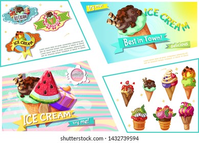 Cartoon ice cream bright composition with colorful icecream emblems and ice cream with different flavors and ingredients vector illustration