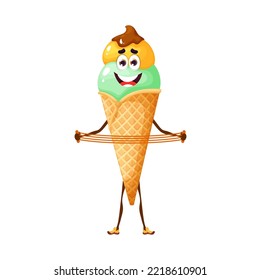 Cartoon ice cream character with expander. Isolated vector smiling icecream cone sportsman doing sports exercises. Funny dessert personage healthy lifestyle. Sweet kawaii summer personage training