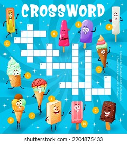 Cartoon ice cream characters crossword worksheet, find a word quiz game. Vector grid with gelato, bar, sandwich, kulfi, soft, popsicle, cone, stick, scoops, sorbet personages, puzzle task for children