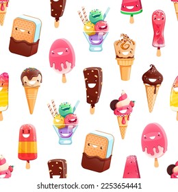 Cartoon ice cream characters seamless pattern. Vector background with icecream dessert personages. Kawaii fruit ice, popsicle, sandwich, waffle cone, gelato and eskimo cold summer food