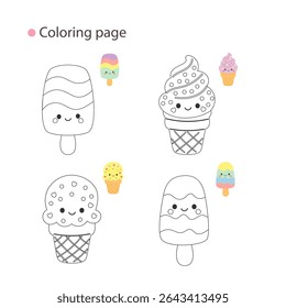 Cartoon ice cream collection for coloring: rainbow popsicle, soft-serve cone, cookie ice cream, and more — great for children's art projects.