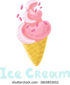 Cartoon ice cream. Colorful ice cream wafer cones and popsicles. Summer sweet food. Pink topping isolated on white background. Vector illustration for web design, print. Floating doodle flat style.