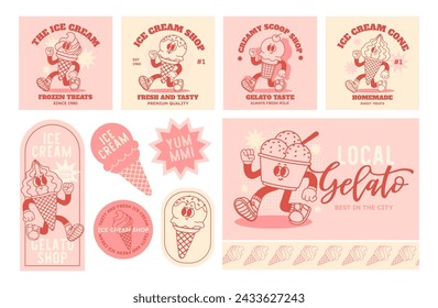 Helado de dibujos animados. Comic retro feliz caminando mascota gelato. Cono divertido vintage, pegatinas de dulces helados y tarjeta. Carácter cuchara de helado para el café, la tienda. Conjunto de vectores. Producto de calidad superior