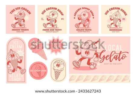 Cartoon ice cream. Comic retro happy walking mascot gelato. Vintage funny cone, nice freeze sweets stickers and card. Character ice cream scoop for cafe, shop. Vector set. Premium quality product