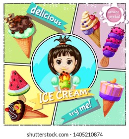 Cartoon ice cream concept with icecreams of different sorts and design and girl holding tasty ice cream vector illustration