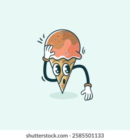 A cartoon ice cream cone character with arms and legs looks surprised and holds its head.