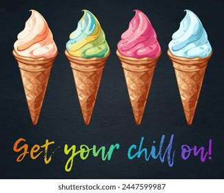 Cartoon ice cream cone in a flat design style on a black background. Vibrant vector illustrations set of ice cream cones filled with scoop of creamy gelato. The waffle cone