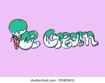 Cartoon ice cream cone with green topping, stylized text "ice cream". Colorful vector illustration