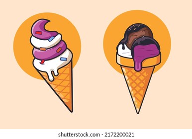 Cartoon ice cream cone illustration, Swirl vector ice cream. Sweet ice balls with chocolate on top. Summer vibe tasty food