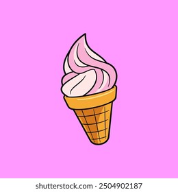 Cartoon Ice Cream Cone with Pink and White Swirl Illustration