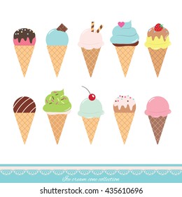 Cartoon ice cream cone set. Flat icons.