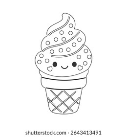 Cartoon ice cream cone with swirled top and sprinkles, designed as a playful coloring page for preschool and school activities.